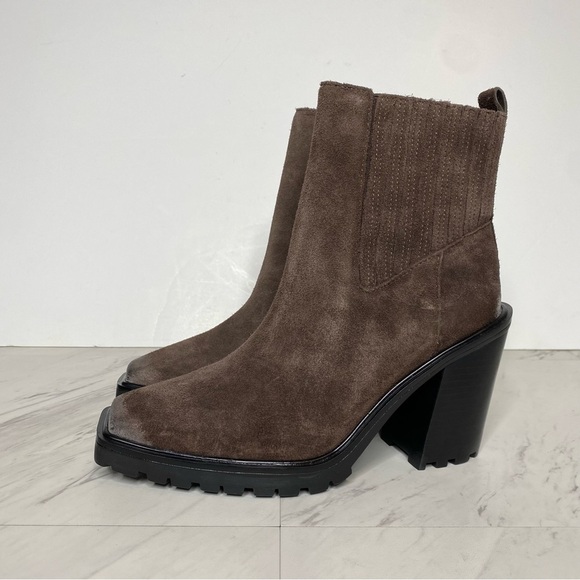 Vince Camuto Aresse Brown Suede Square Toe Heeled Bootie 7M - Picture 14 of 14